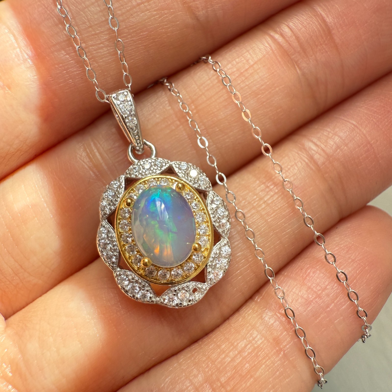 925 Sterling Silver Necklace 8x6mm Natural Opal 14K Gold Plated Flower Chain NEW