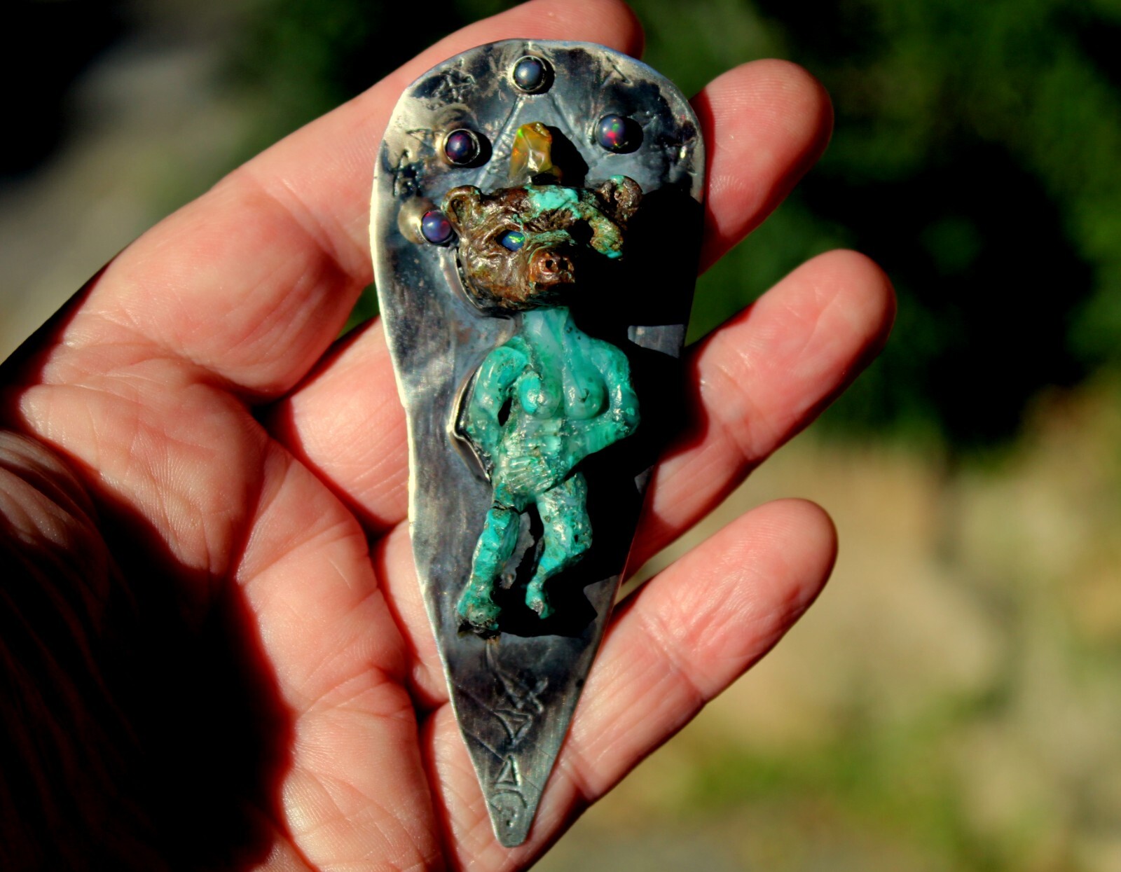 Magnificent LARGE Old Sterling Silver & Carved Jade & Opals FEMALE BEAR Pendant