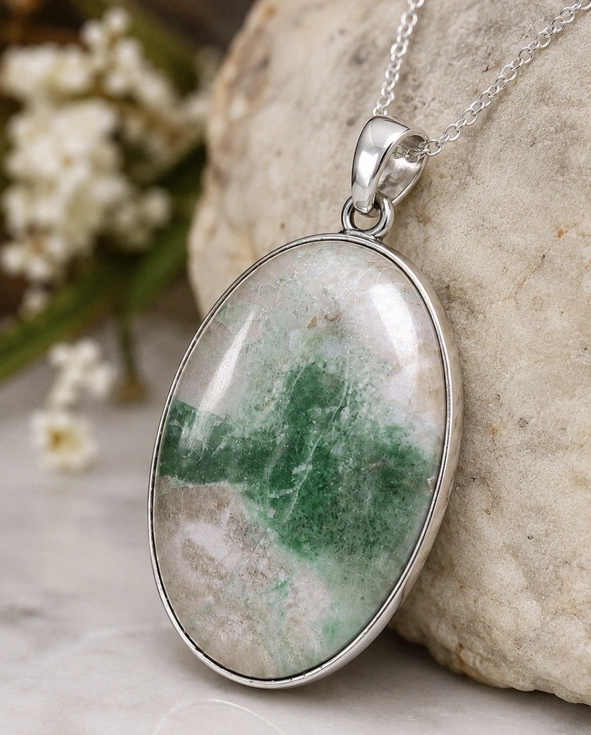 Large Green & White Agate Statement Pendant Necklace Beautiful Oval Gemstone 925