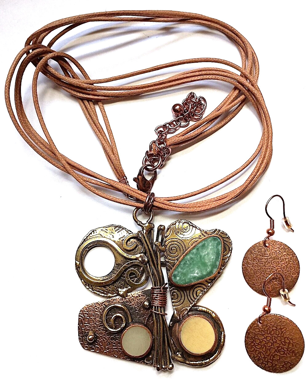 Necklace, Earring Set, Mixed Media Art Pendant, Metal Work, Stone, 25″ to 28″