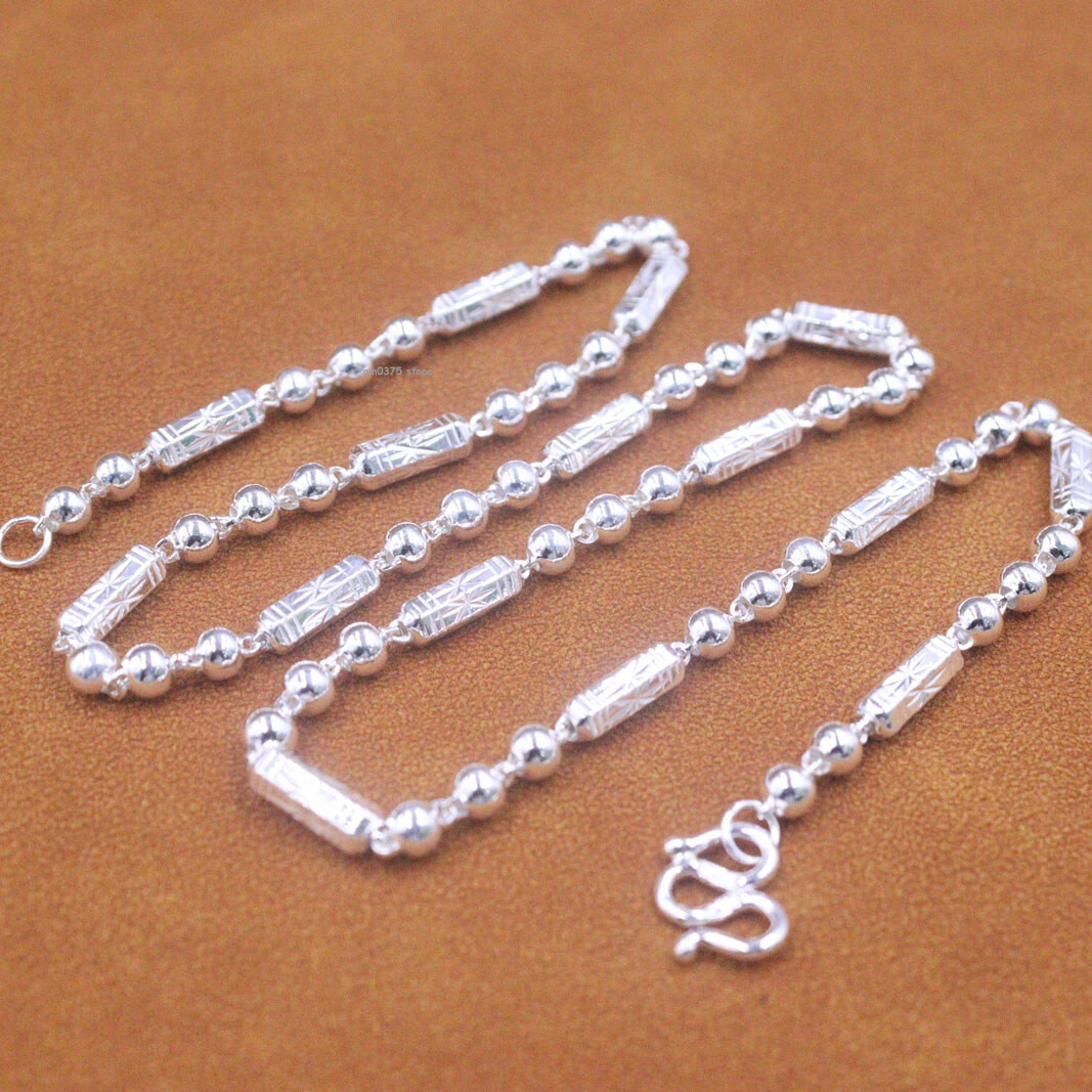 Pure 999 Fine Silver Necklace Men Women 4mm Hexagonal Beaded Link Chain 18inch