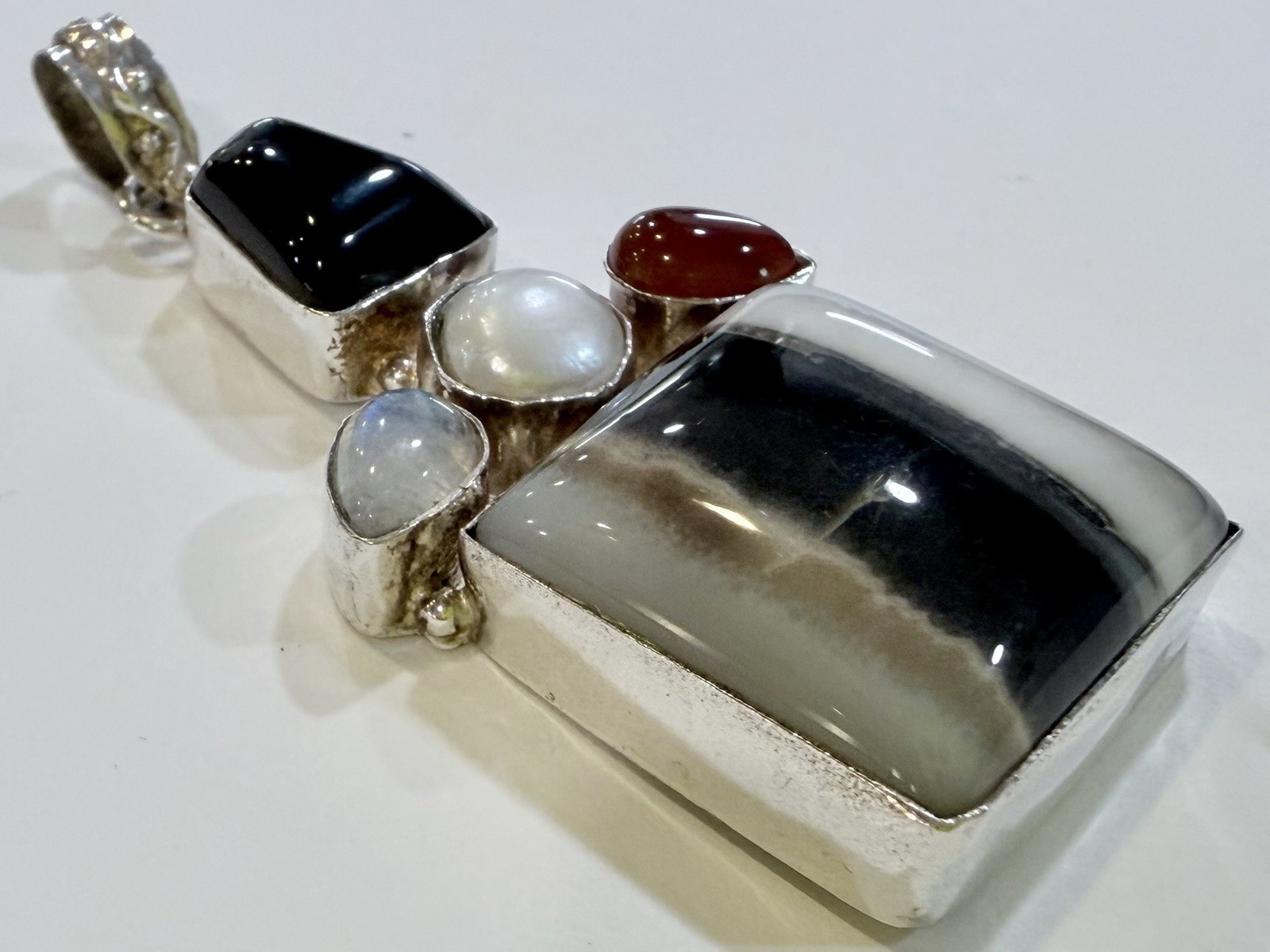 Unique Sterling Silver 925 Gemstone Pendant Agate Onyx Moonstone Pearl Carnelian