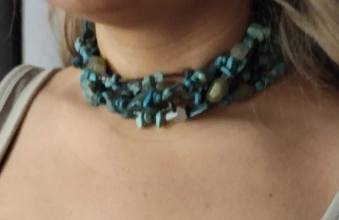 Vintage ? Native American ?Stone Bead Choker 6Row Necklace Turquoise Nuggets 925