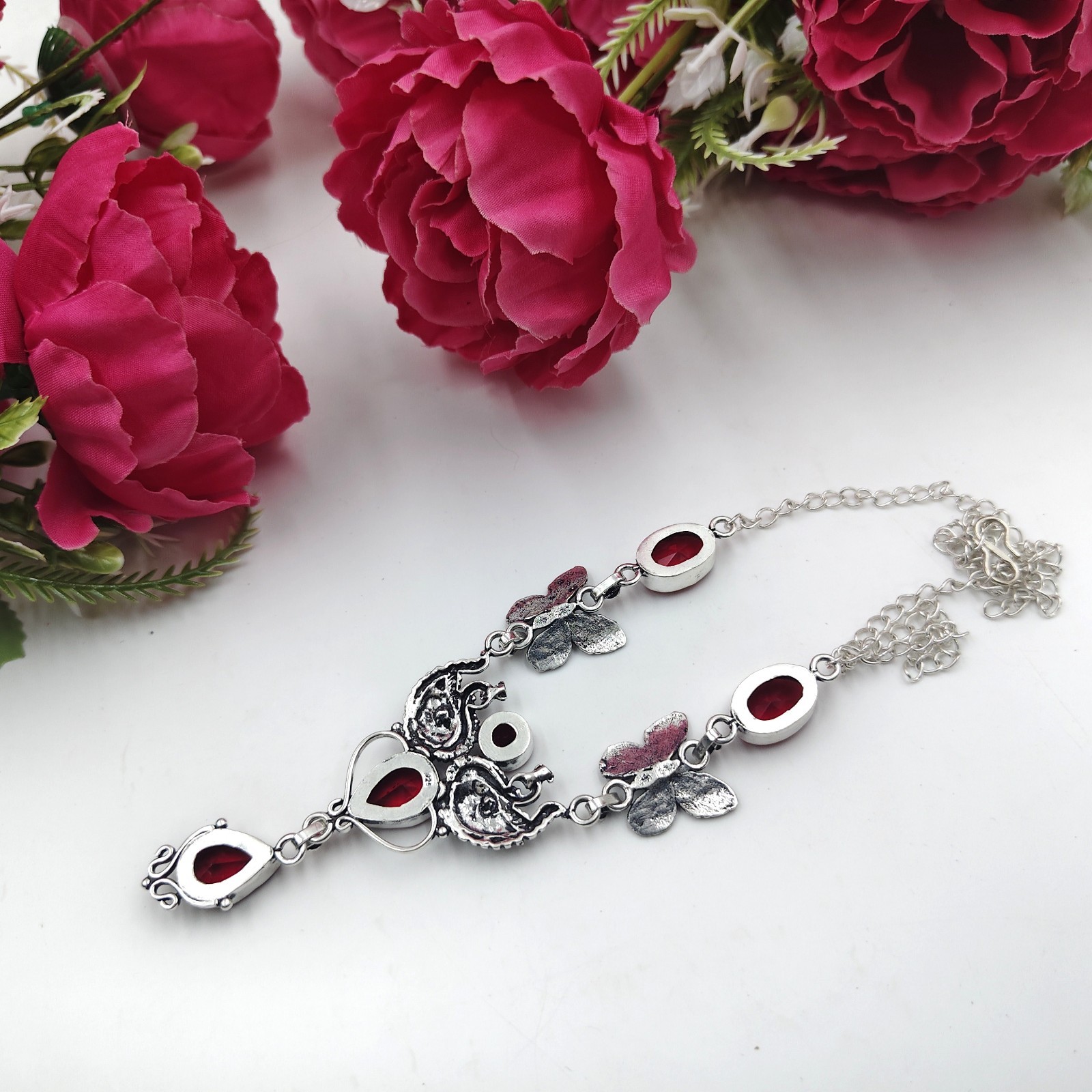 Red Garnet Gemstone Handmade 925 Sterling Silver Jewelry Necklace Size-17-18″