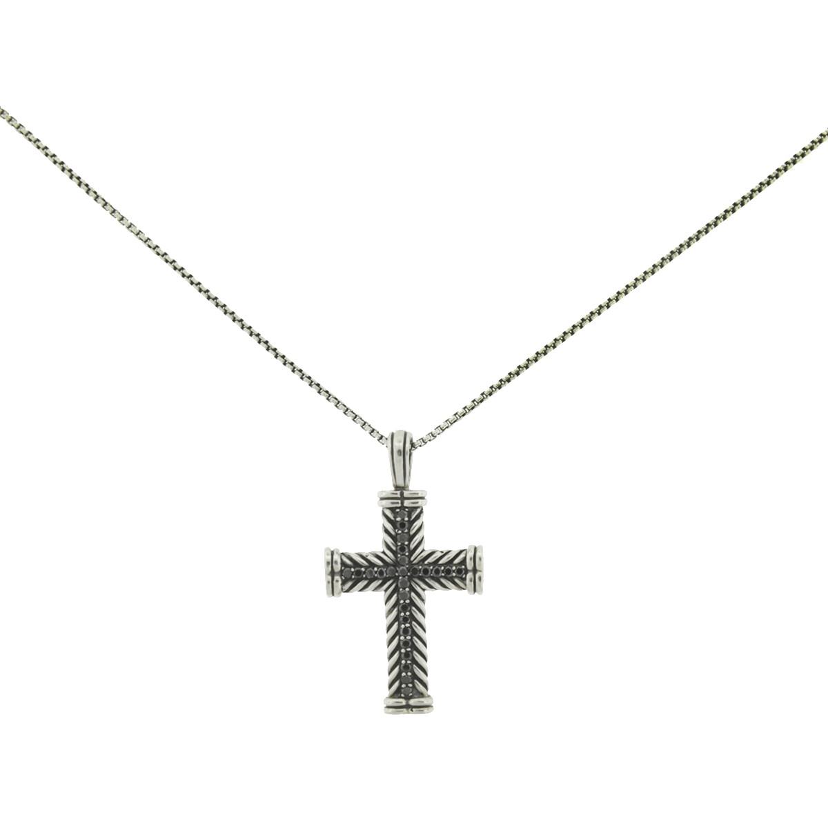 David Yurman Sterling Silver Black Diamond Chevron Cross Necklace