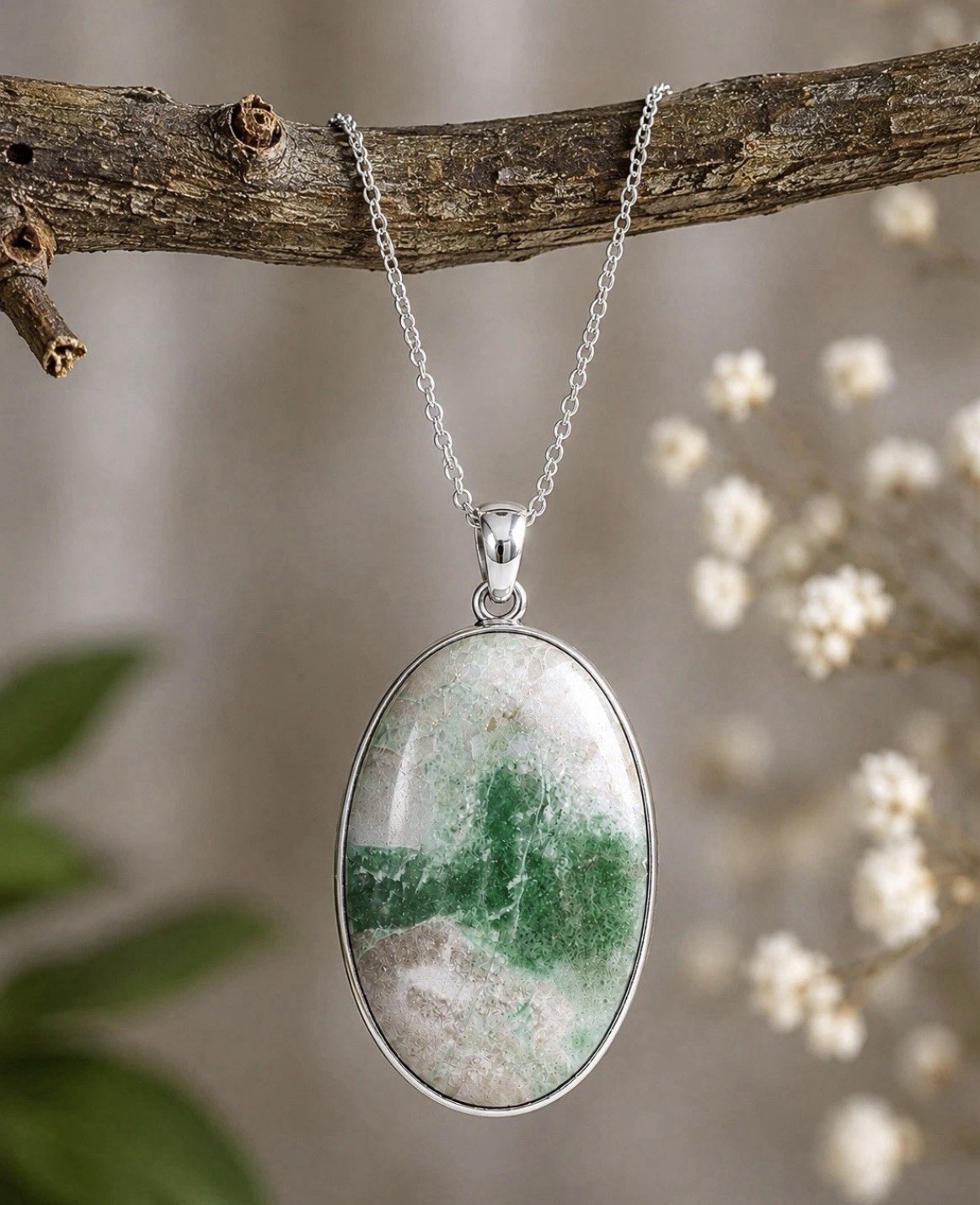 Large Green & White Agate Statement Pendant Necklace Beautiful Oval Gemstone 925