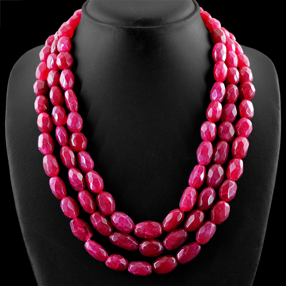1040.00 CTS EARTH MINED RICH RED RUBY 3 STRAND OVAL FACETED BEADS NECKLACE (DG)
