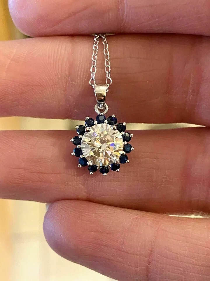 2Ct Round Diamond & Blue Sapphire Halo Pendant 14K White Gold Finish Free Chain