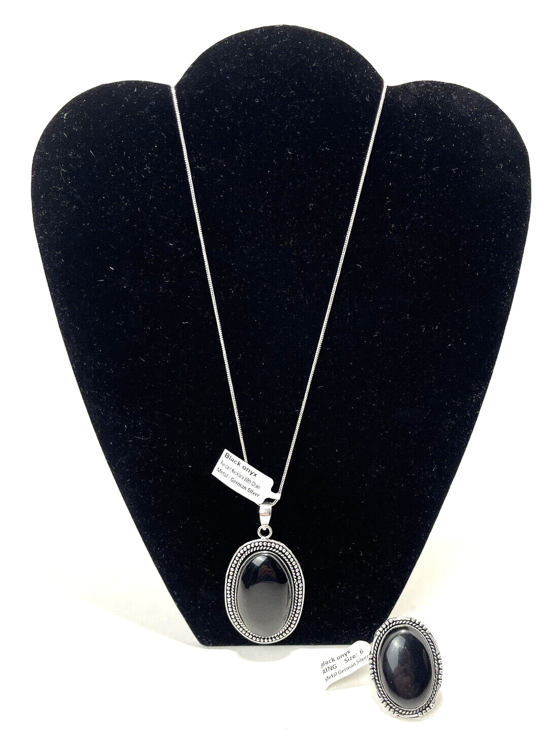 Black Onyx Ring Size 6 with Matching Pendant & Chain ~ German Silver