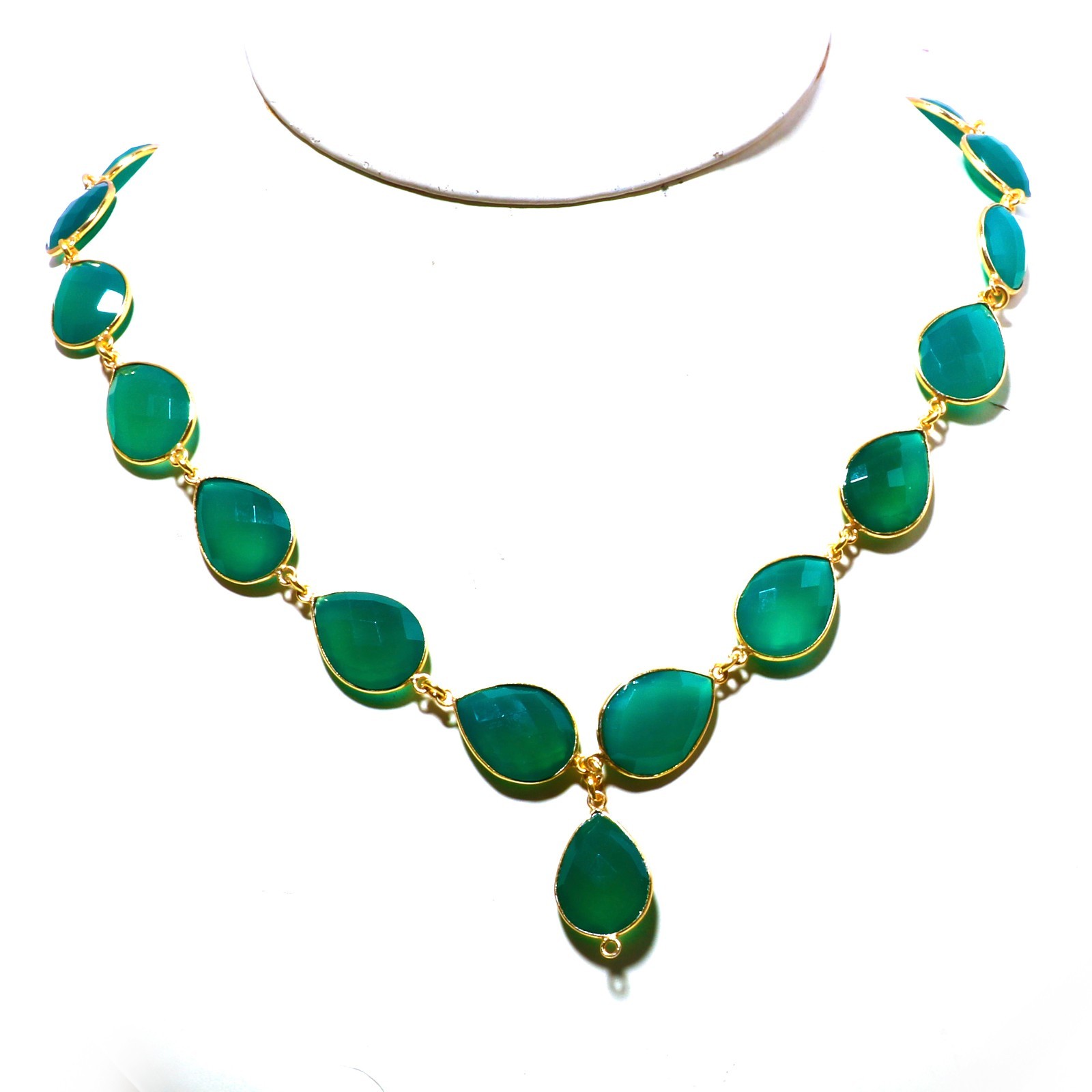 Exclusive Green Onyx Pear Gemstone Charm Necklace Silver or Gold Plated Chain