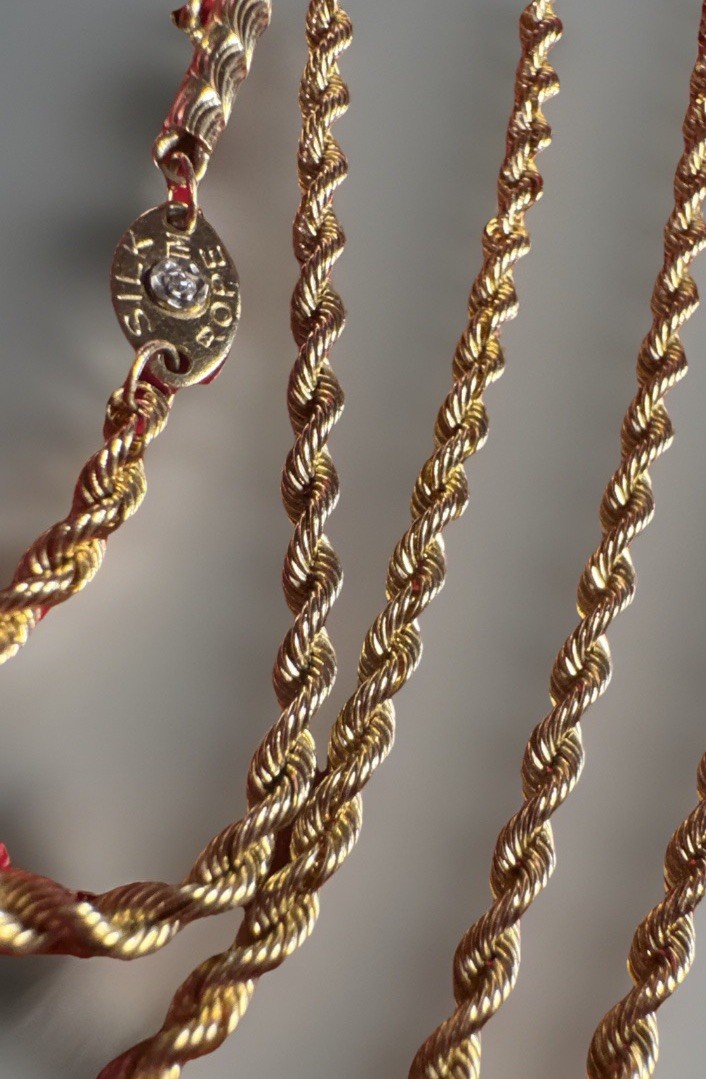 Genune Silk Rope 14K Solid 18” 7.5g Gold Chain Diamond Chip Closure Vtg RARE!