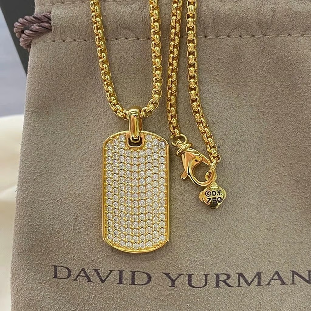 David Yurman Gold Tone Paved Dog Tag Pendant Necklace