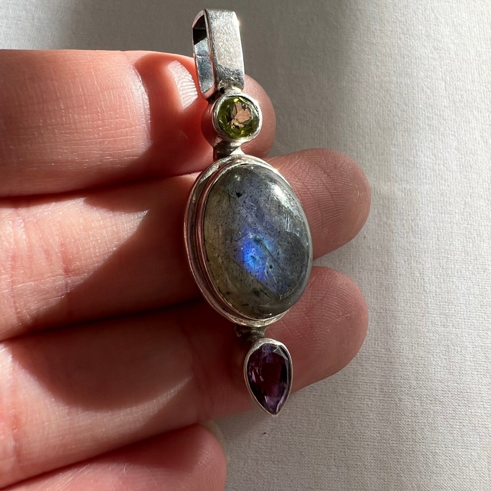 Labradorite Peridot Amethyst Gem Stone Made in India Silver Estate Pendant