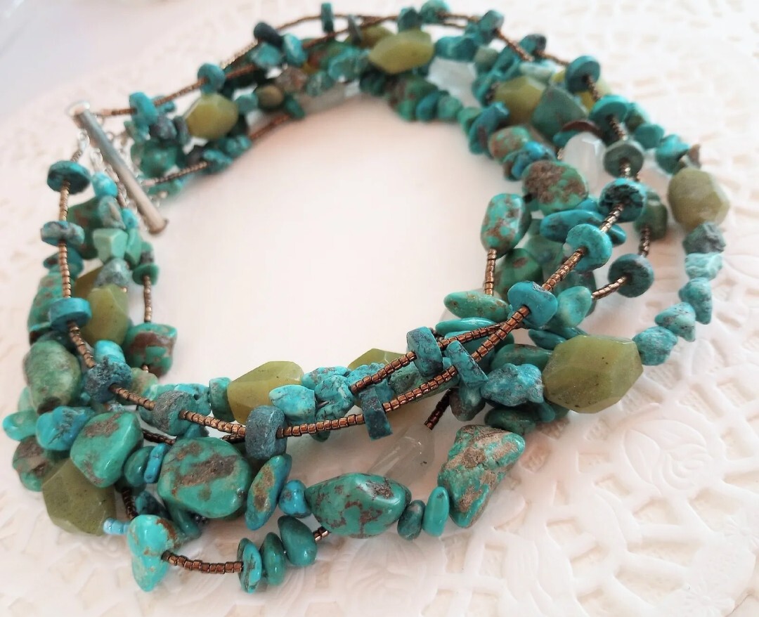 Vintage ? Native American ?Stone Bead Choker 6Row Necklace Turquoise Nuggets 925