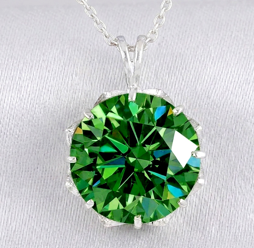 RARE 20 Ct Bottle Green Diamond Solitaire Necklace, Amazing Shine, FREE Studs