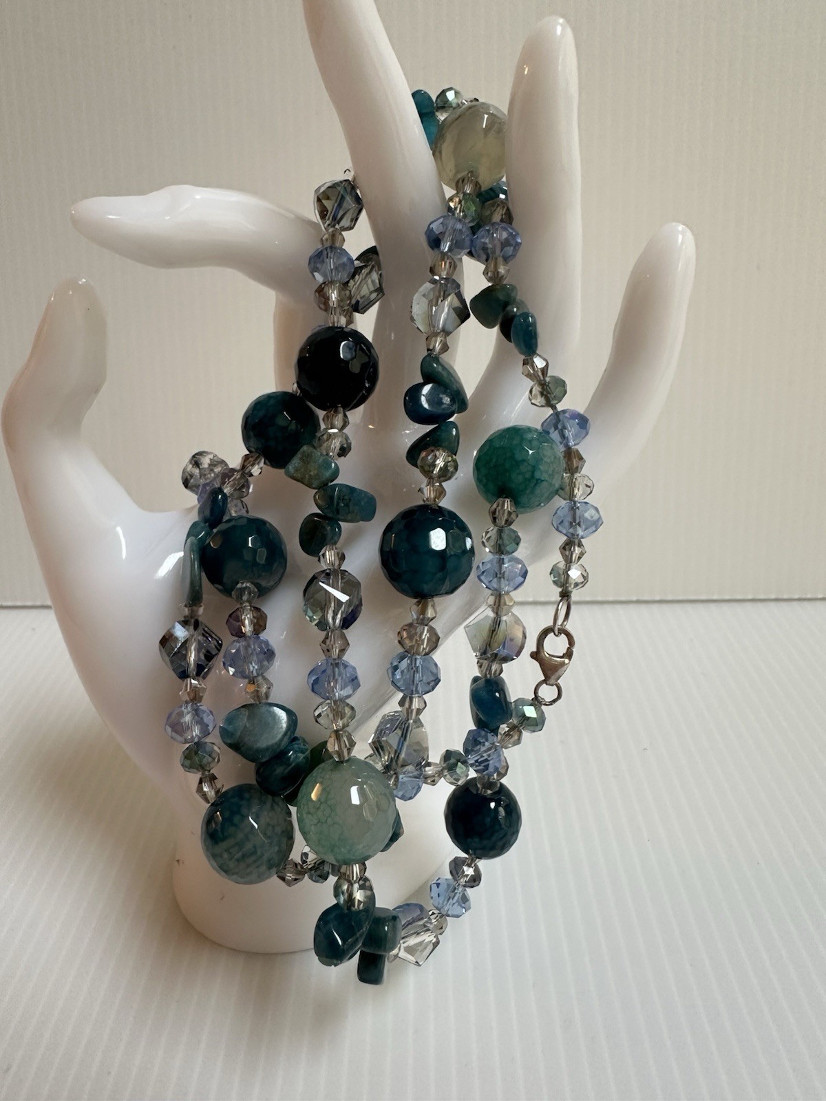 925 STERLING SILVER CLASP CHRYSOBERYL INDICOLITE STONES GREEN BLUE 34” NECKLACE