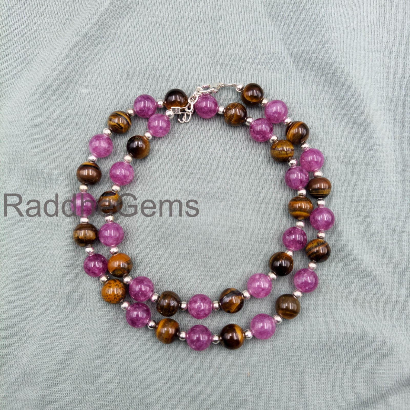 Tiger’s Eye & Tourmaline Necklace, 8mm Round Gemstone Beaded Necklace, Sterling