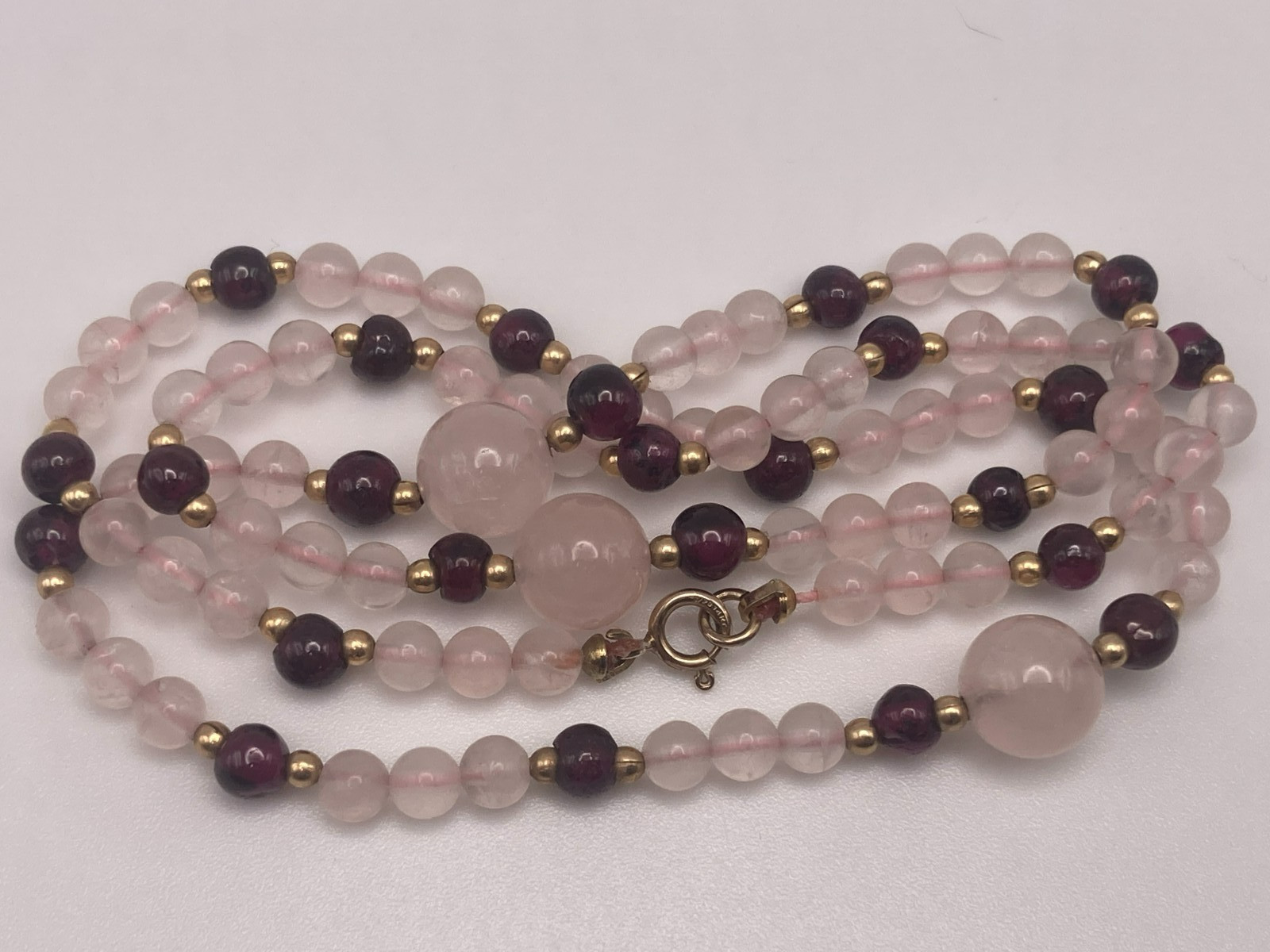 14k Gold Filled Genuine Garnet and Rose Quartz 18 Inch Single Strand Necklace