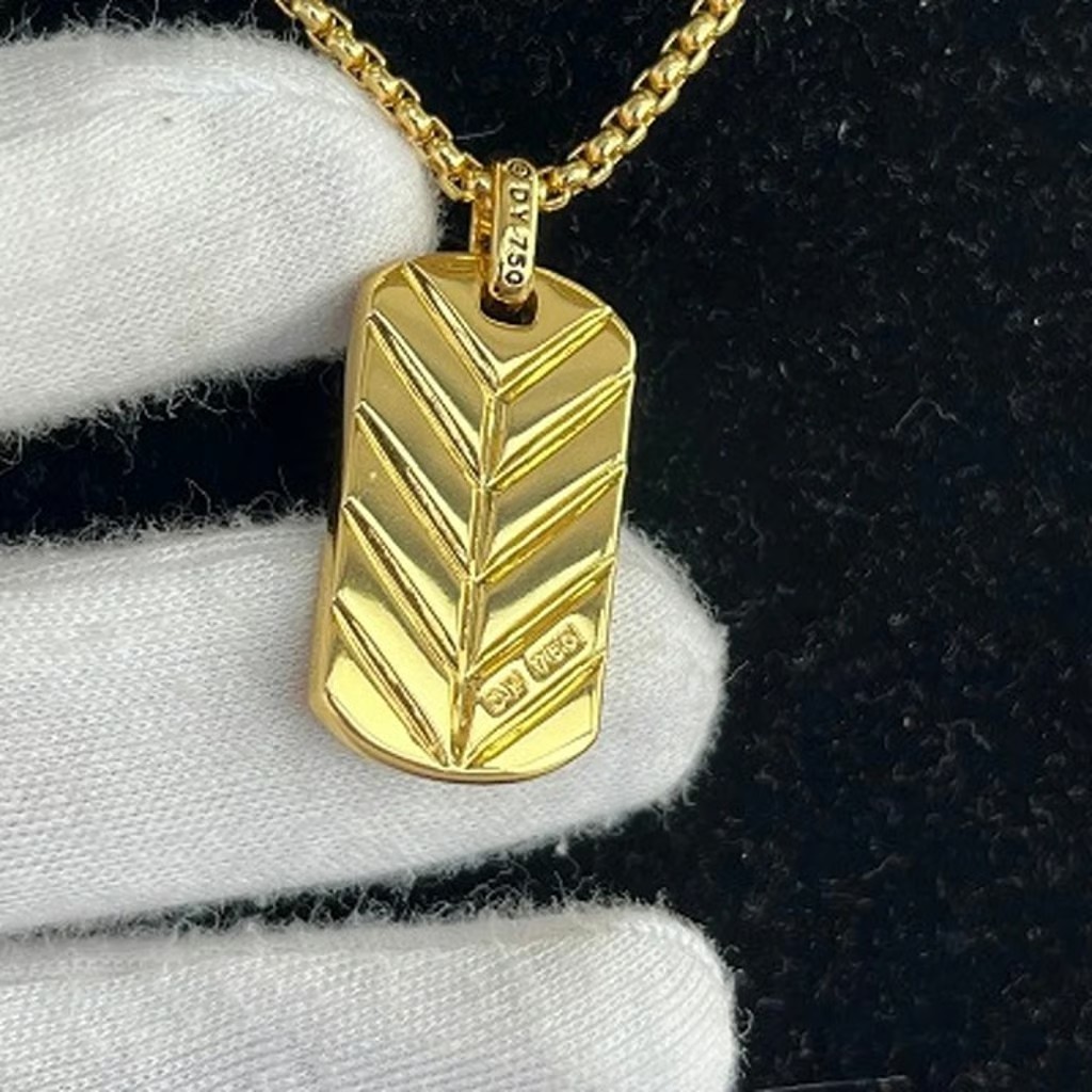 David Yurman Gold Tone Paved Dog Tag Pendant Necklace