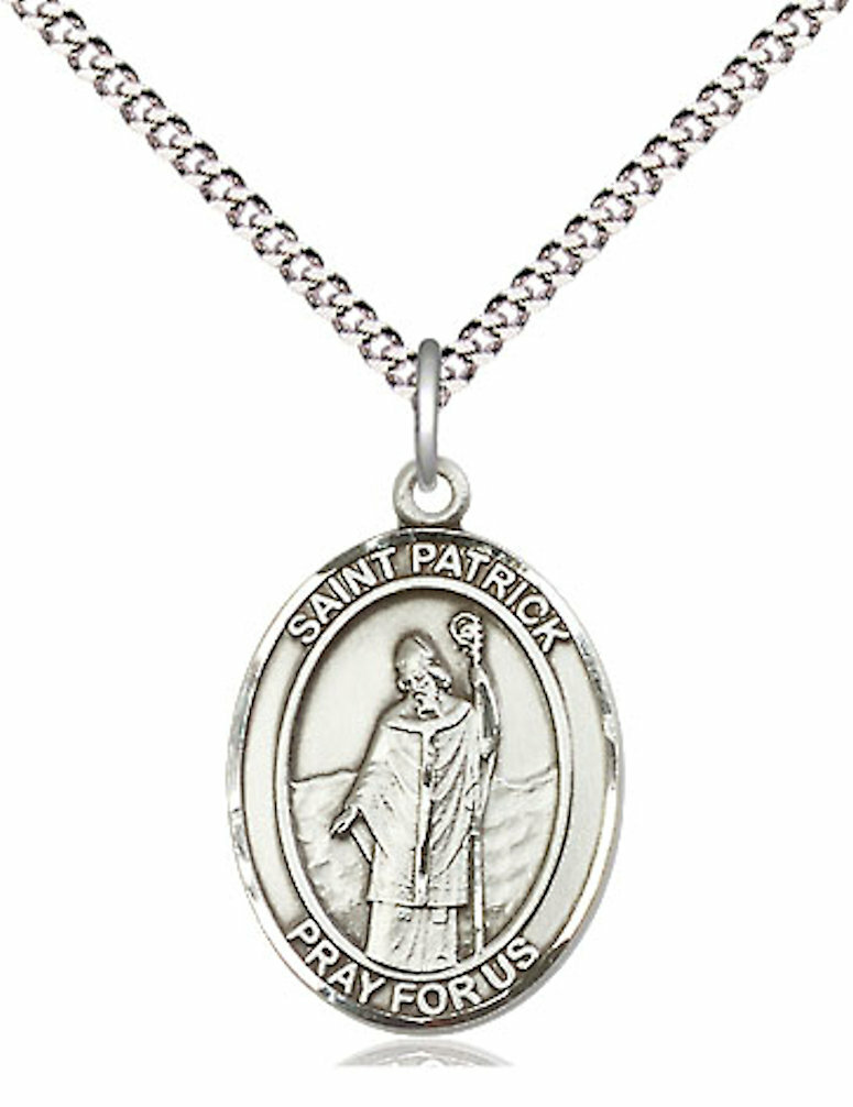 St. Patrick Medal in 3/4″ Sterling Silver, 18″ Rhodium Plate Clasp Chain