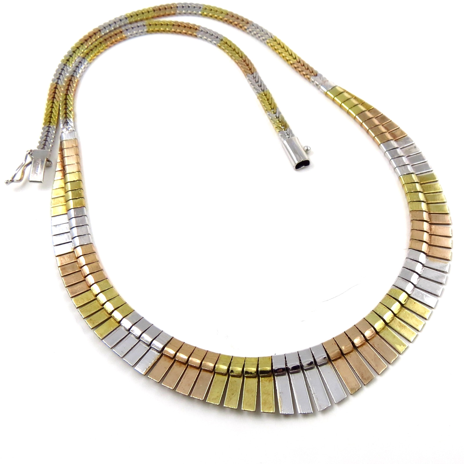 925 Italian Sterling Silver Tri Colour Silver Gold Cleopatra Bib Necklace 40.5cm