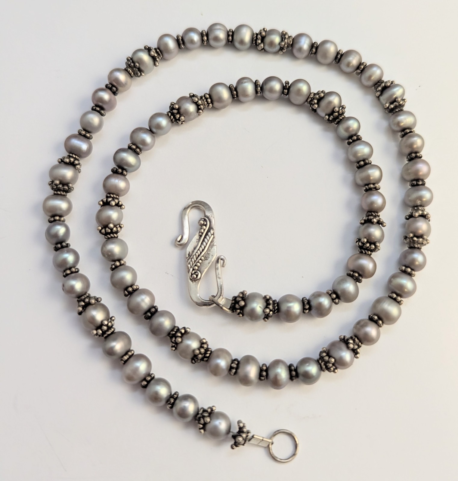 Vtg Sterling Silver Genuine Grey Gray Pearl 6.5mm 20″ Necklace Hook Clasp