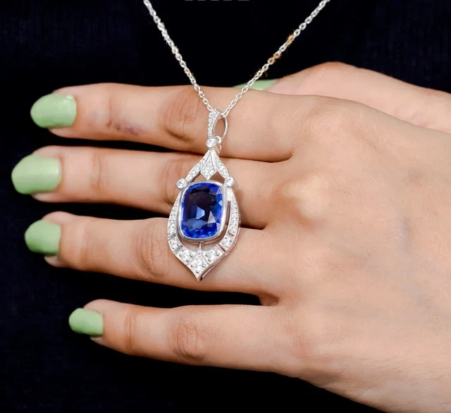 925 SILVER Blue Lab Created Sapphire Wedding 14K White Gold Finish Pendant