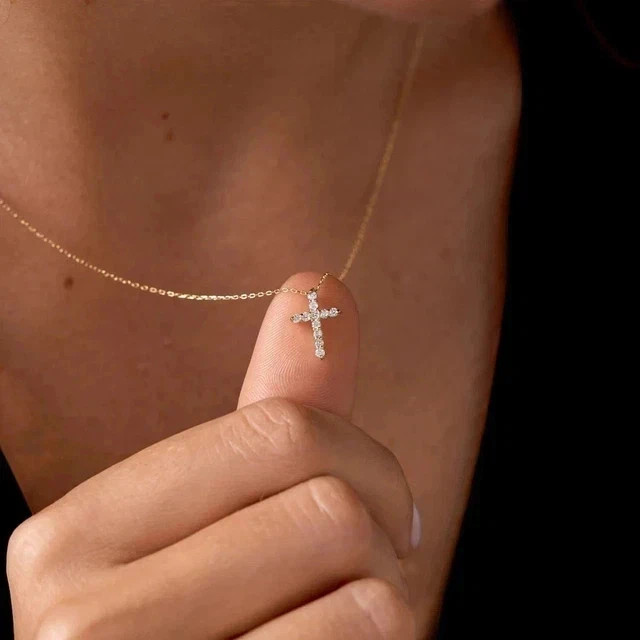0.30Ctw Round Moissanite Minimalist Faith Cross Pendant 14K Yellow Gold Plated