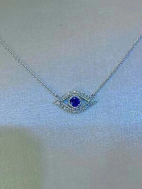 1Ct Round Sapphire Diamond Evil Eye Pendant 14K White Gold Finish Free Chain