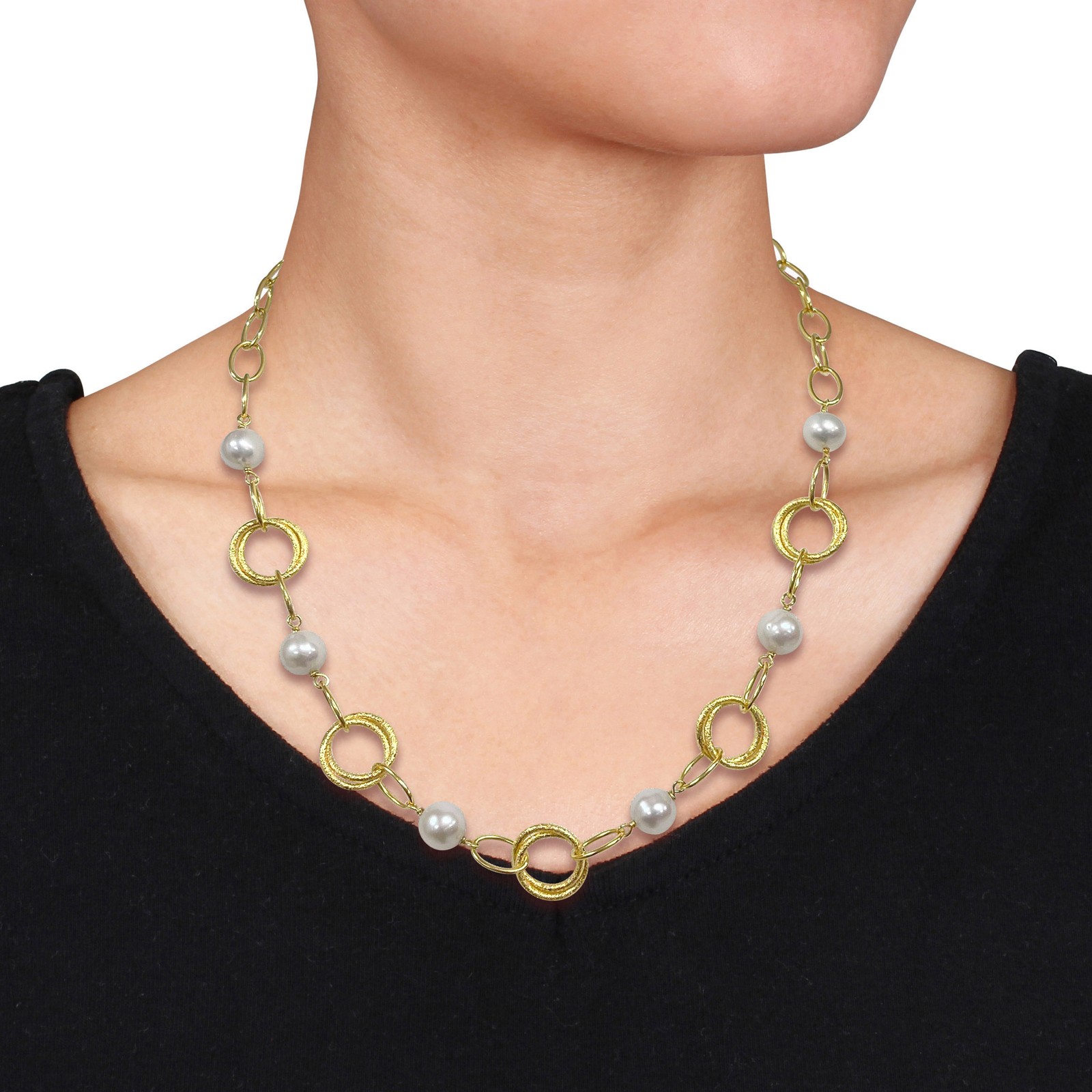 Amour Yellow Plated Silver 9-10mm Freshwater Pearl Station Necklace – 20 in.
