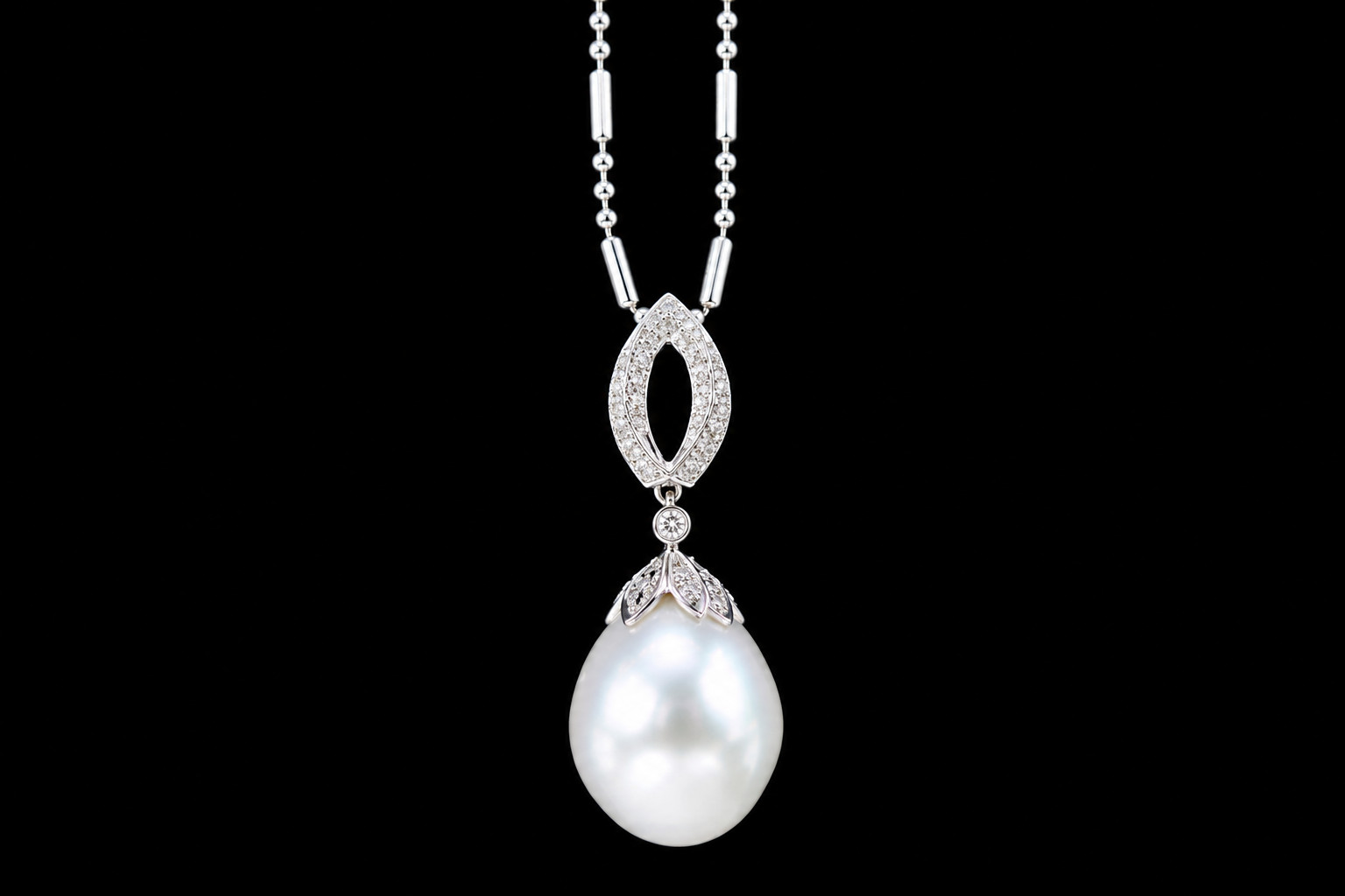 Baroque Pearl & Diamond Pendant Necklace with Bar and Ball Chain 18k White Gold