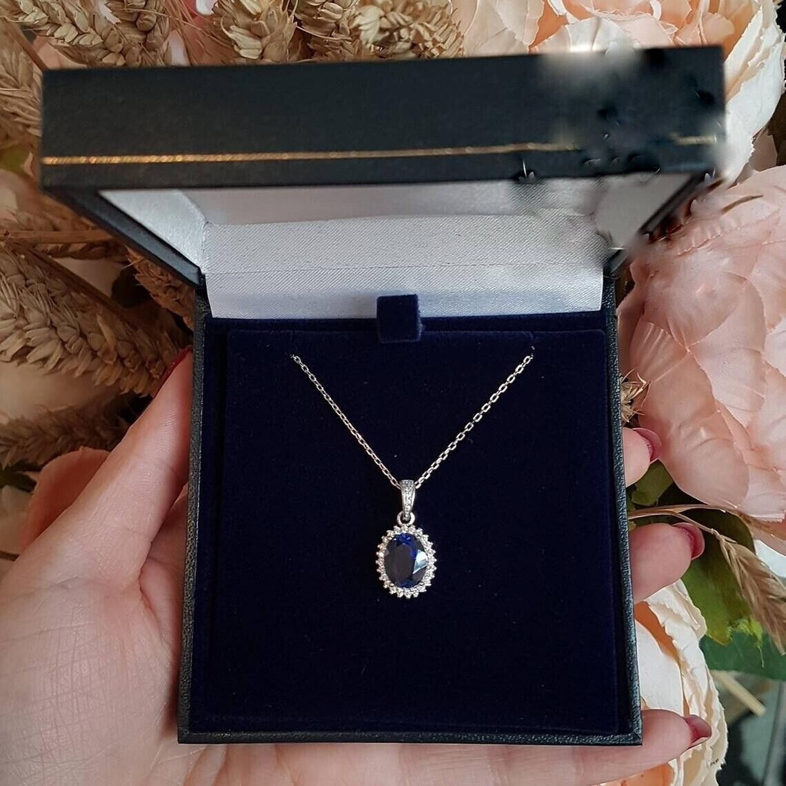 3 ct Halo Oval Cut Blue Sapphire Halo Pendant With Free Chain 14K White Gold FN