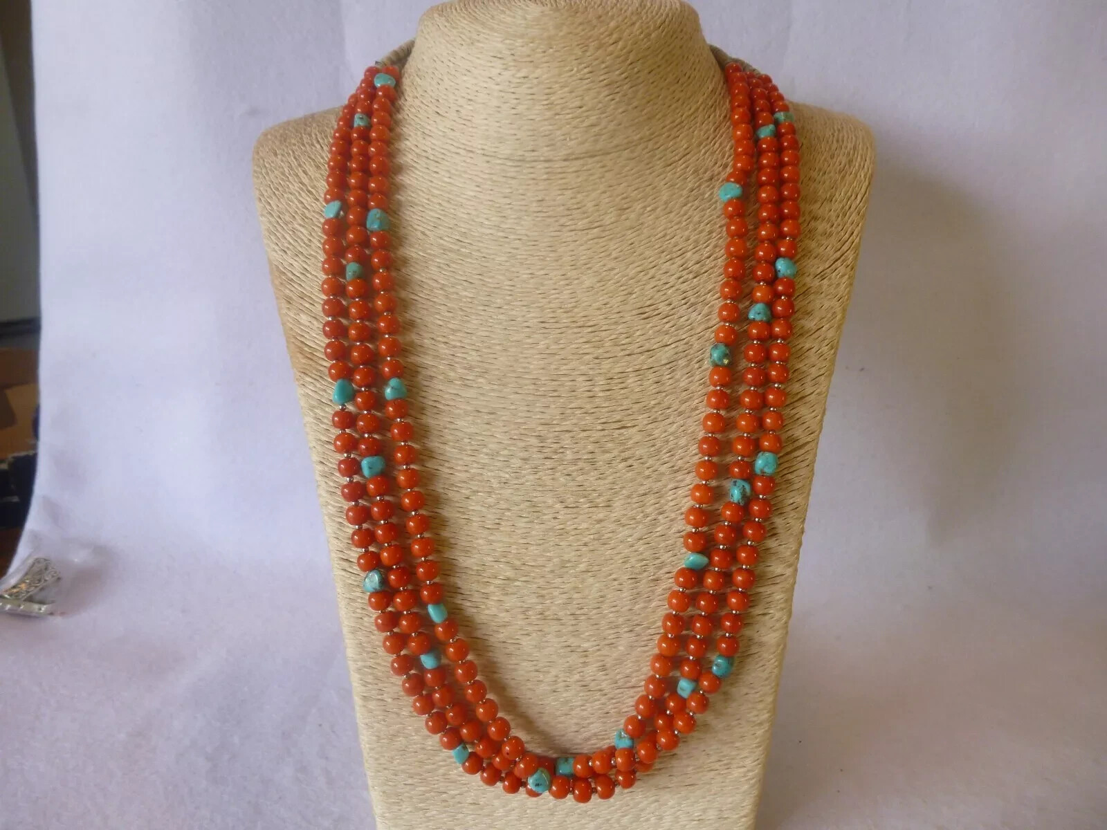 Coral/Turquoise Nuggets Native American Southwestern 925 Multi strand Necklace
