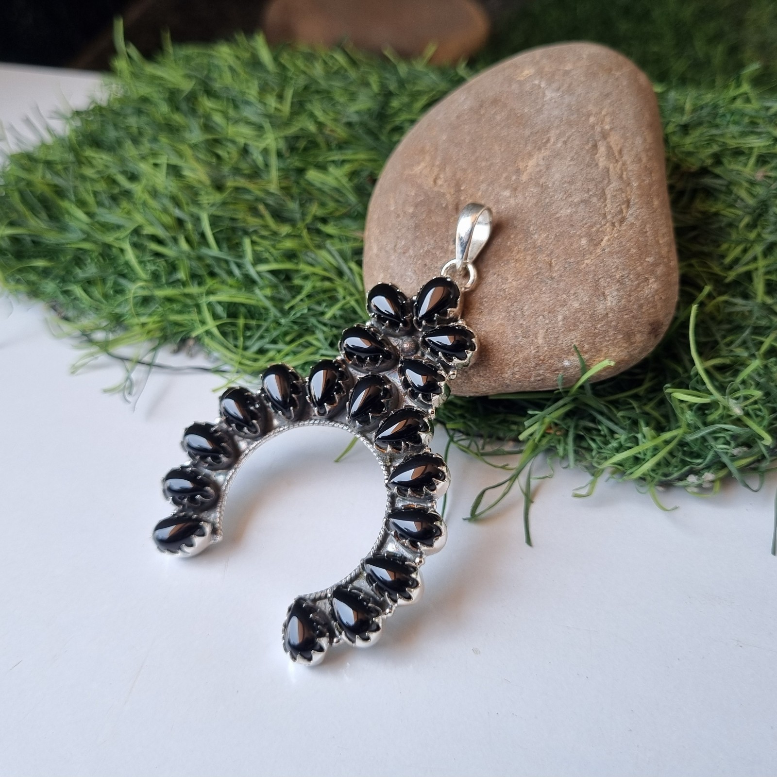 Large Black Onyx Gemstone Pendant 925 Sterling Silver Beautiful Gift her BT107