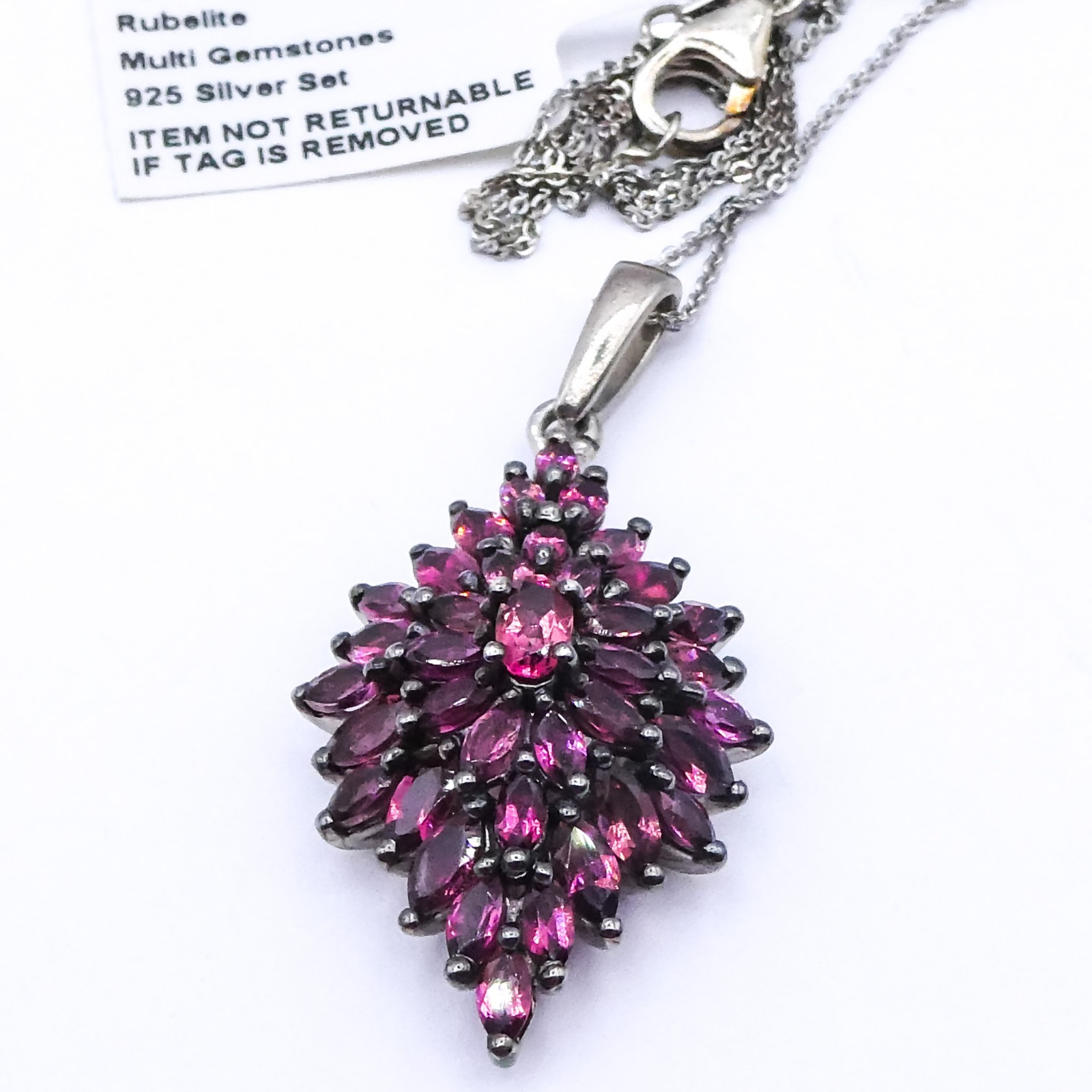 Djoy Rubelite Cluster Platinum Sterling Silver 20″ Pendant Chain Necklace
