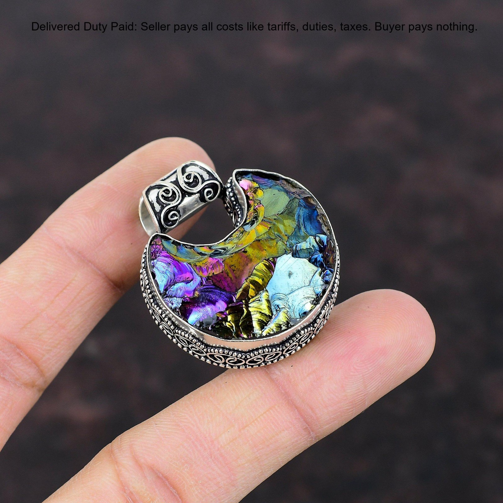 Natural Titanium Druzy 925 Silver Bezel Crescent Moon Vintage Pendant Jewelry
