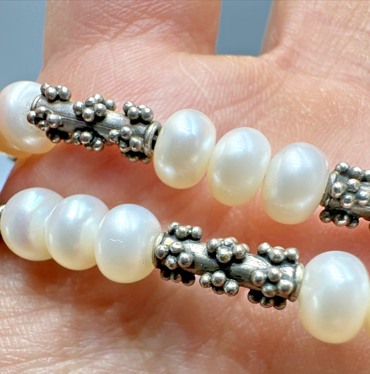 Sterling Silver Pearl Brutalist Caviar Popcorn Bead Station Necklace 16″ 28.6g