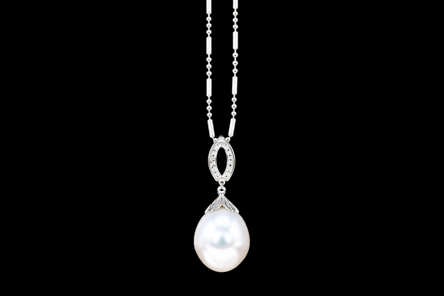 Baroque Pearl & Diamond Pendant Necklace with Bar and Ball Chain 18k White Gold