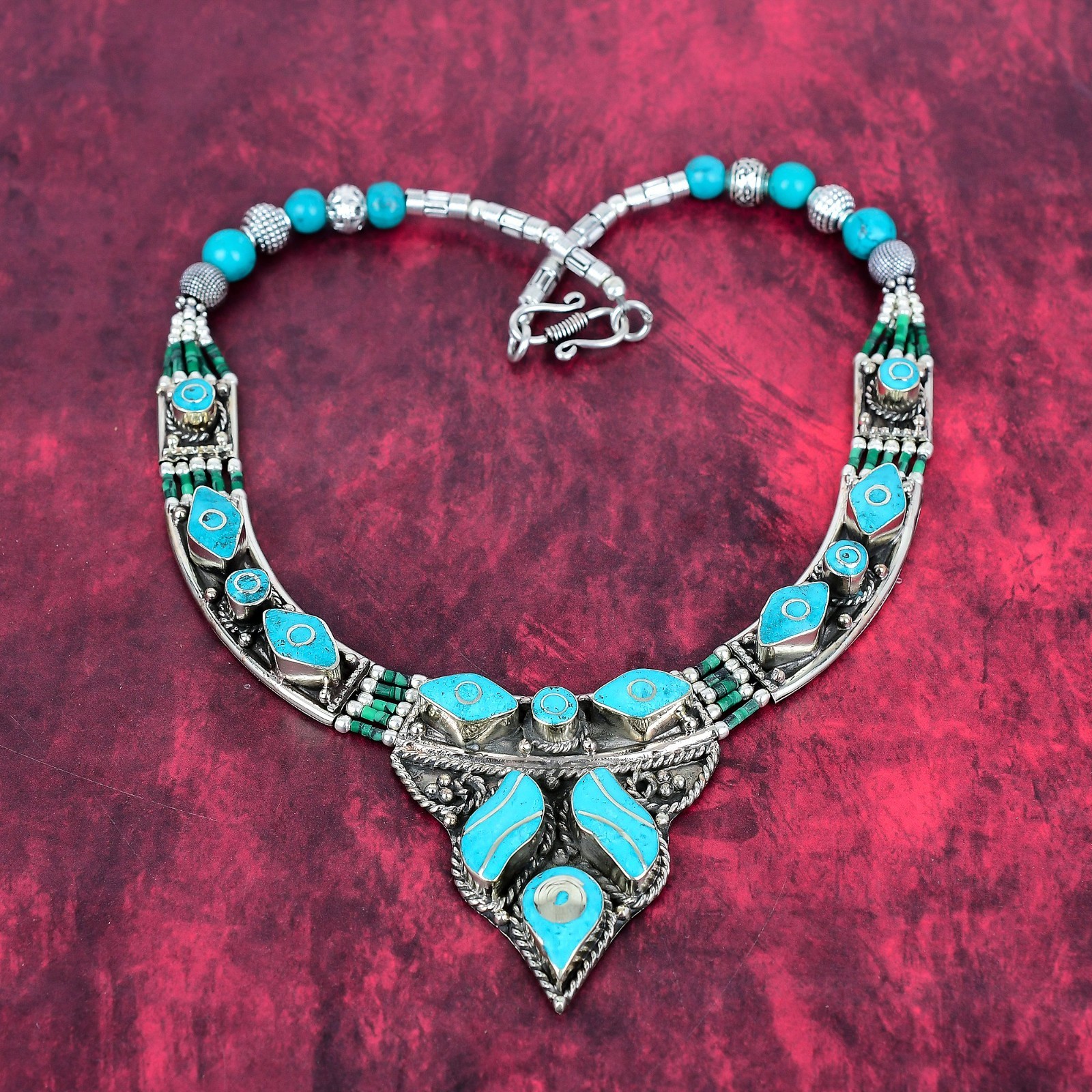 Blue Turquoise Gemstone Handmade 925 Sterling Silver Jewelry Nepali Necklace