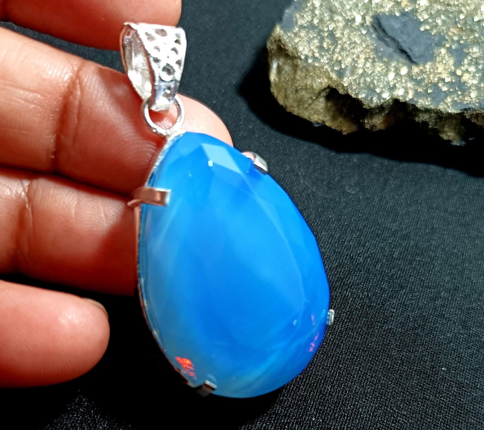 Natural Blue Opal 106 Ct Pear Cut 925 Sterling Silver Fine Jewelry Pendant