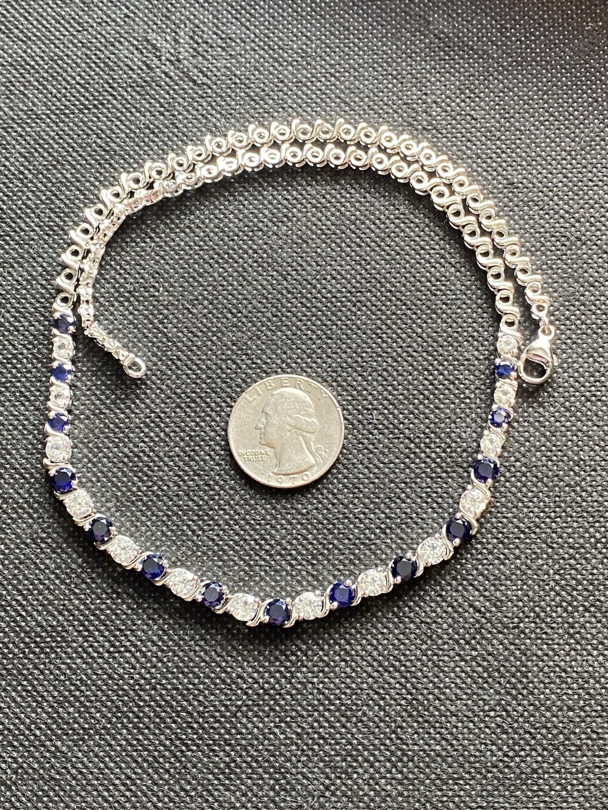 925 Sterling Silver Lab Created Blue & White Sapphire Tennis Necklace Signed EMA