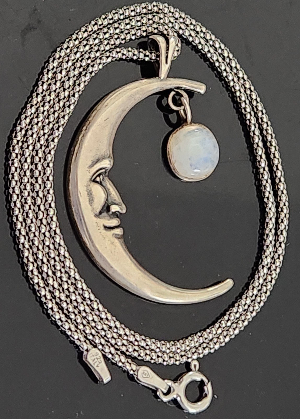 STERLING SILVER CRESCENT MOONSTONE CABOCHON/POPCORN CHAIN NECKLACE MADE ITALY