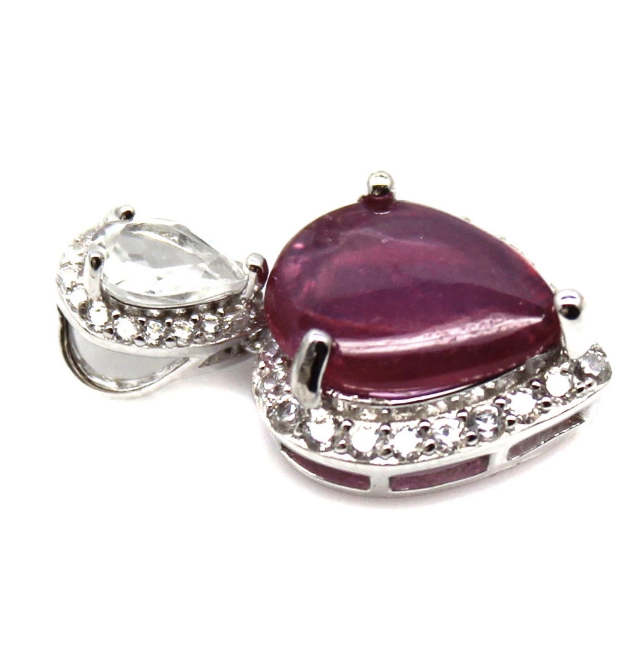 Stunning Natural Red Ruby 9x11mm & White Topaz 925 Sterling Pendant Necklace 18”