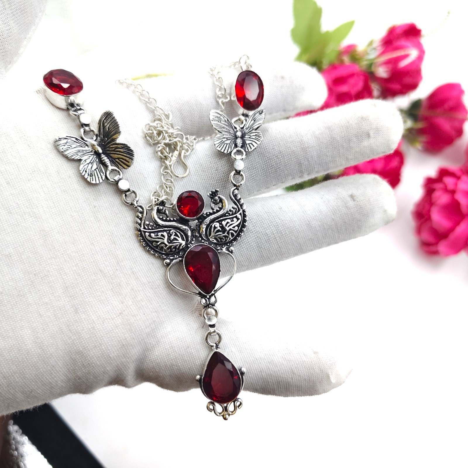 Red Garnet Gemstone Handmade 925 Sterling Silver Jewelry Necklace Size-17-18″