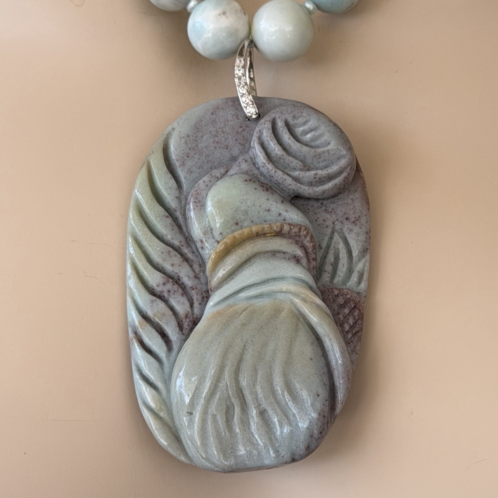 HAND CARVED NATURAL JASPER LADY PENDANT AMAZONITE PEARL NECKLACE EARRING SET