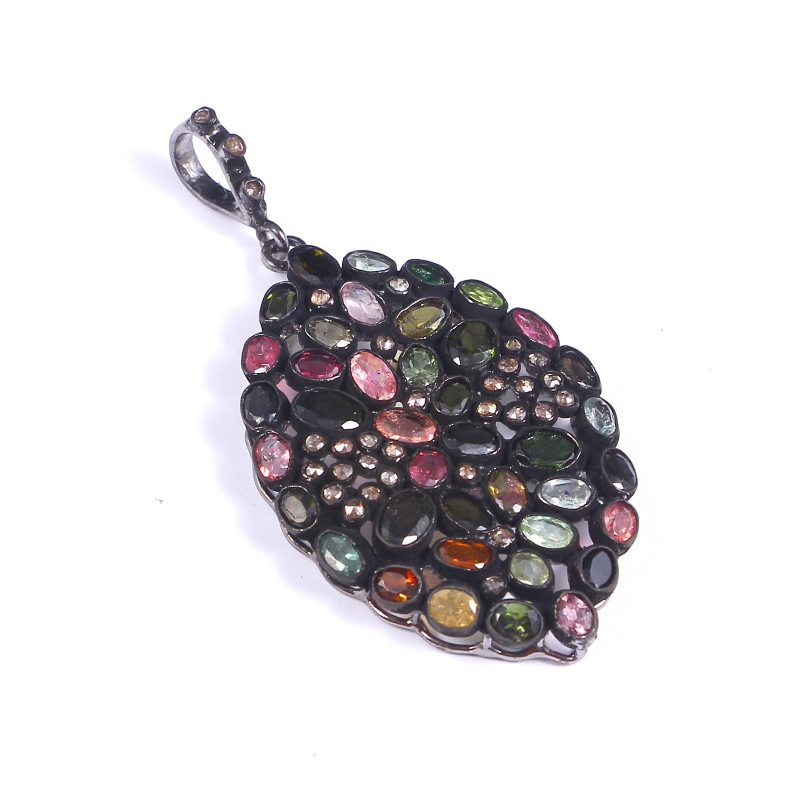 Natural 30pcs Rose Cut Diamond Tourmaline Pendant Necklace 925 Sterling Silver
