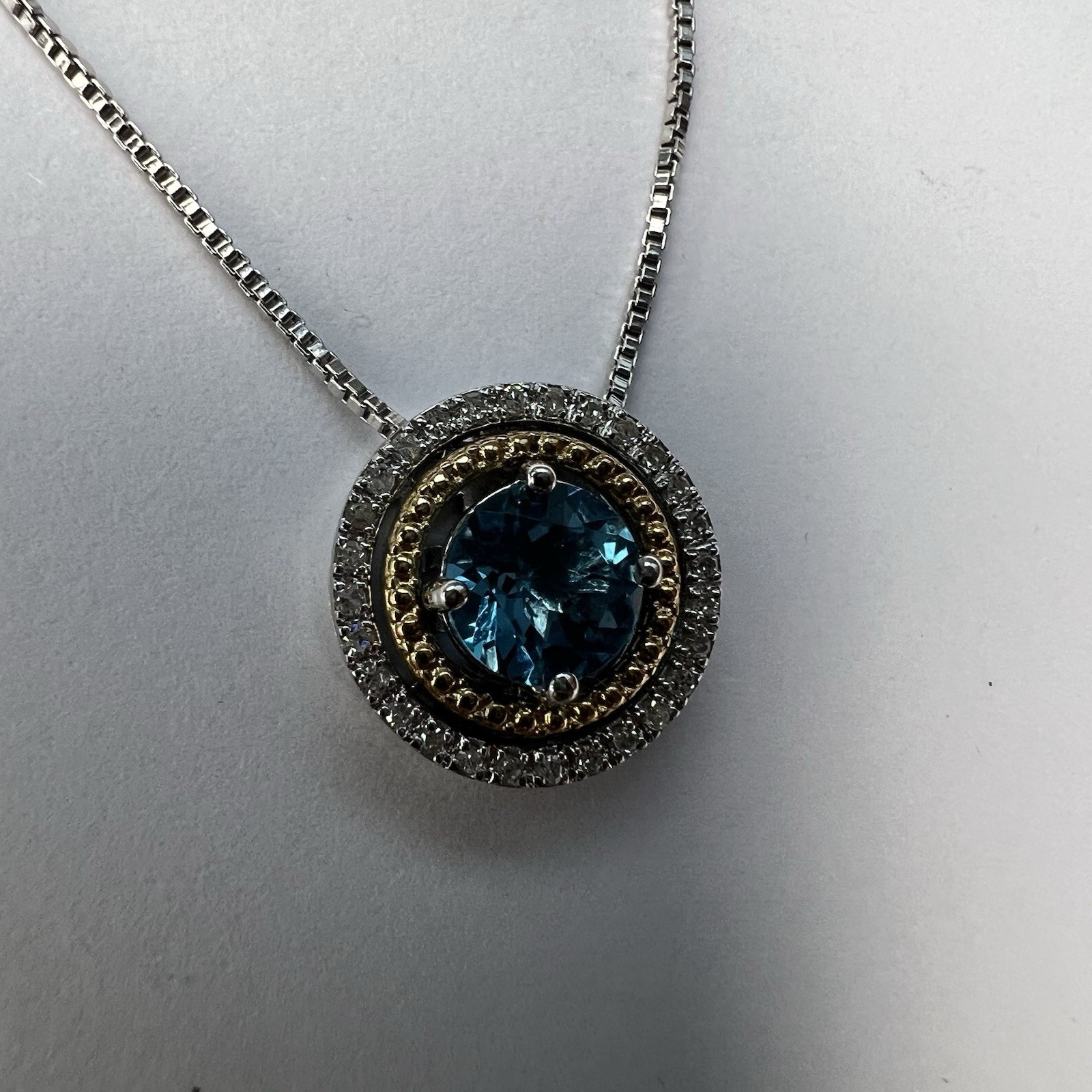 Blue Topaz Diamond Halo Pendant Necklace 925 Sterling Silver And 14K Gold NWT