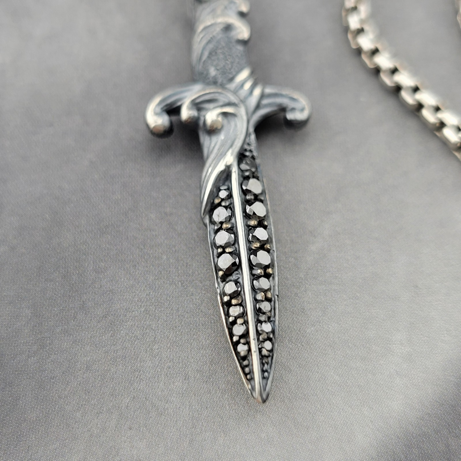 David Yurman Sterling Silver & Black Diamond Wave Dagger Pendant w/ 20 in Chain