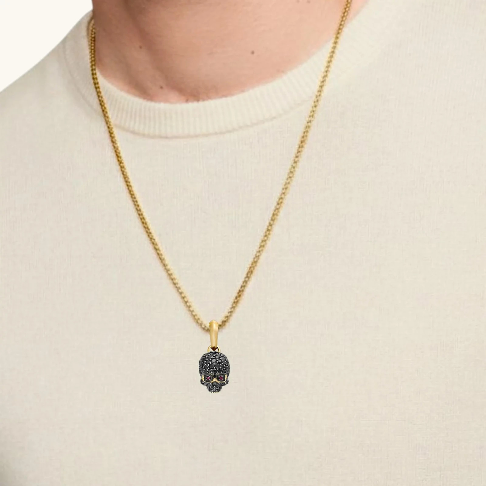 David Yurman Memento Mori Skull Pendant 18K Yellow Gold Black Diamond Pave, Ruby