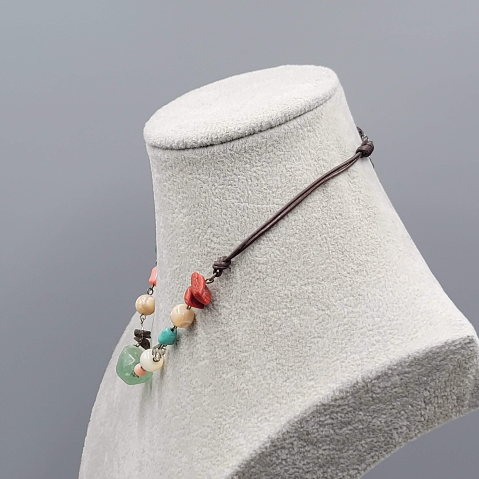 Multiple Gemstone Beads Sterling Silver 925 Necklace Leather Cord 15″